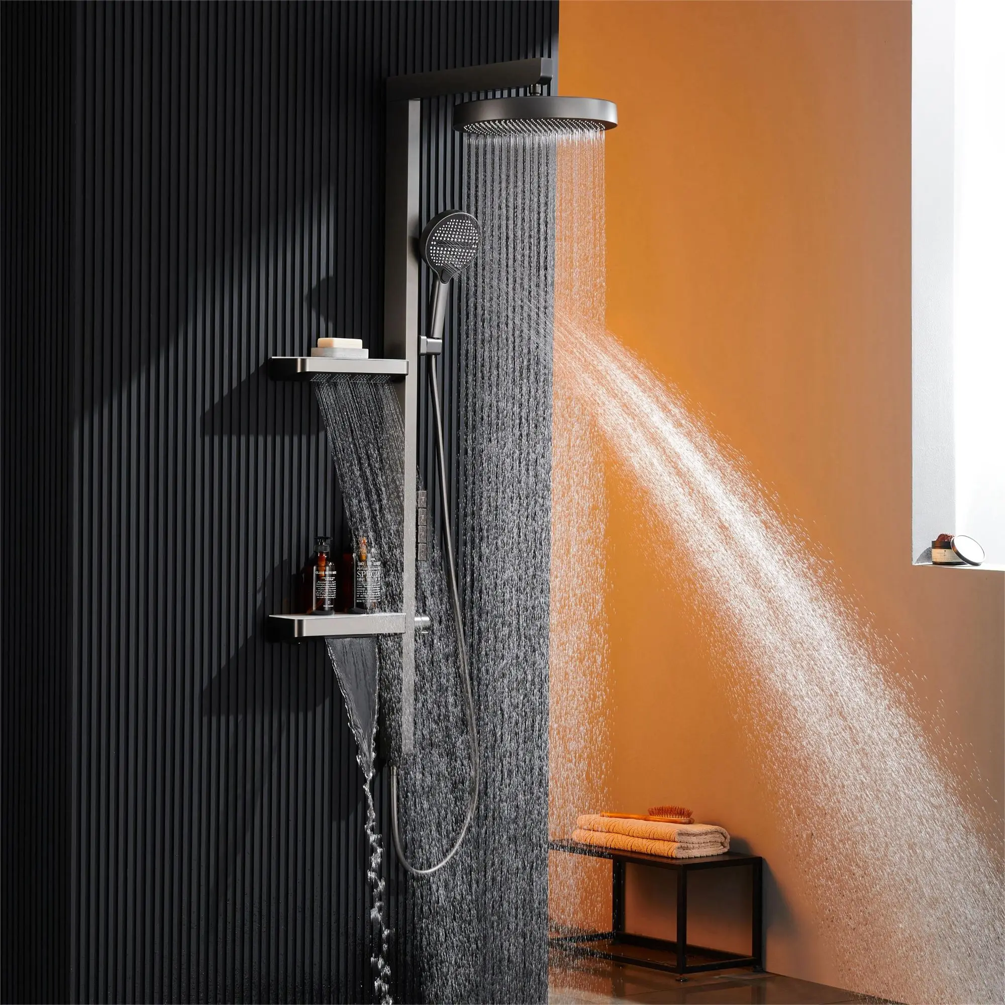 Concealed Constant Temperature Shower Faucet Set 4 Function Shower System With Ladder Piano Key Design And Led Atmosp