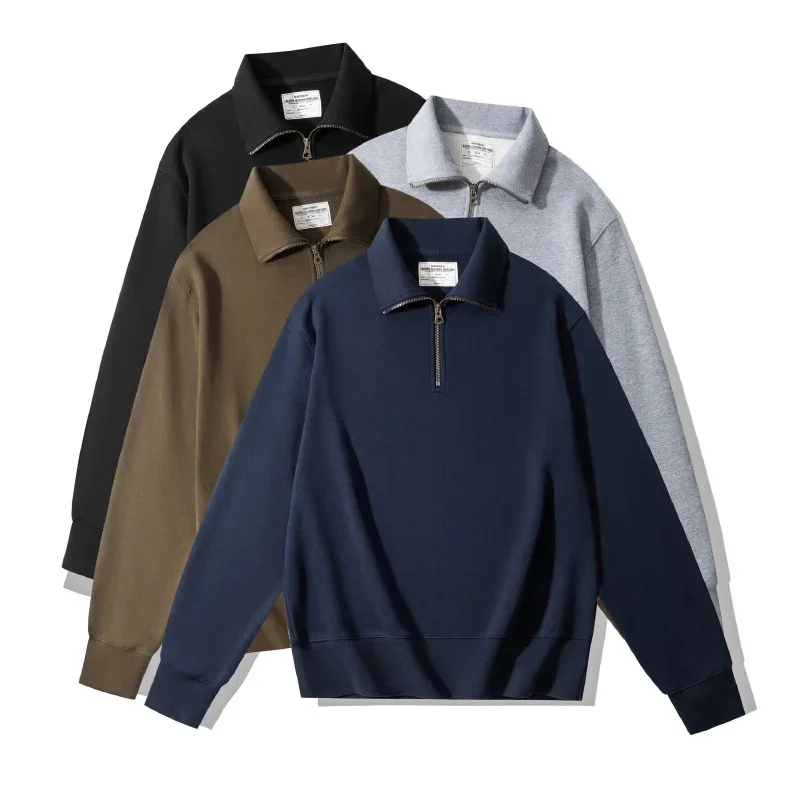 OKONKWO 450g Men Sweatshirts Spring Autumn Simple Fashion Zipper Lapel Solid Color Good Quality Heavyweight Male Pullovers Tops