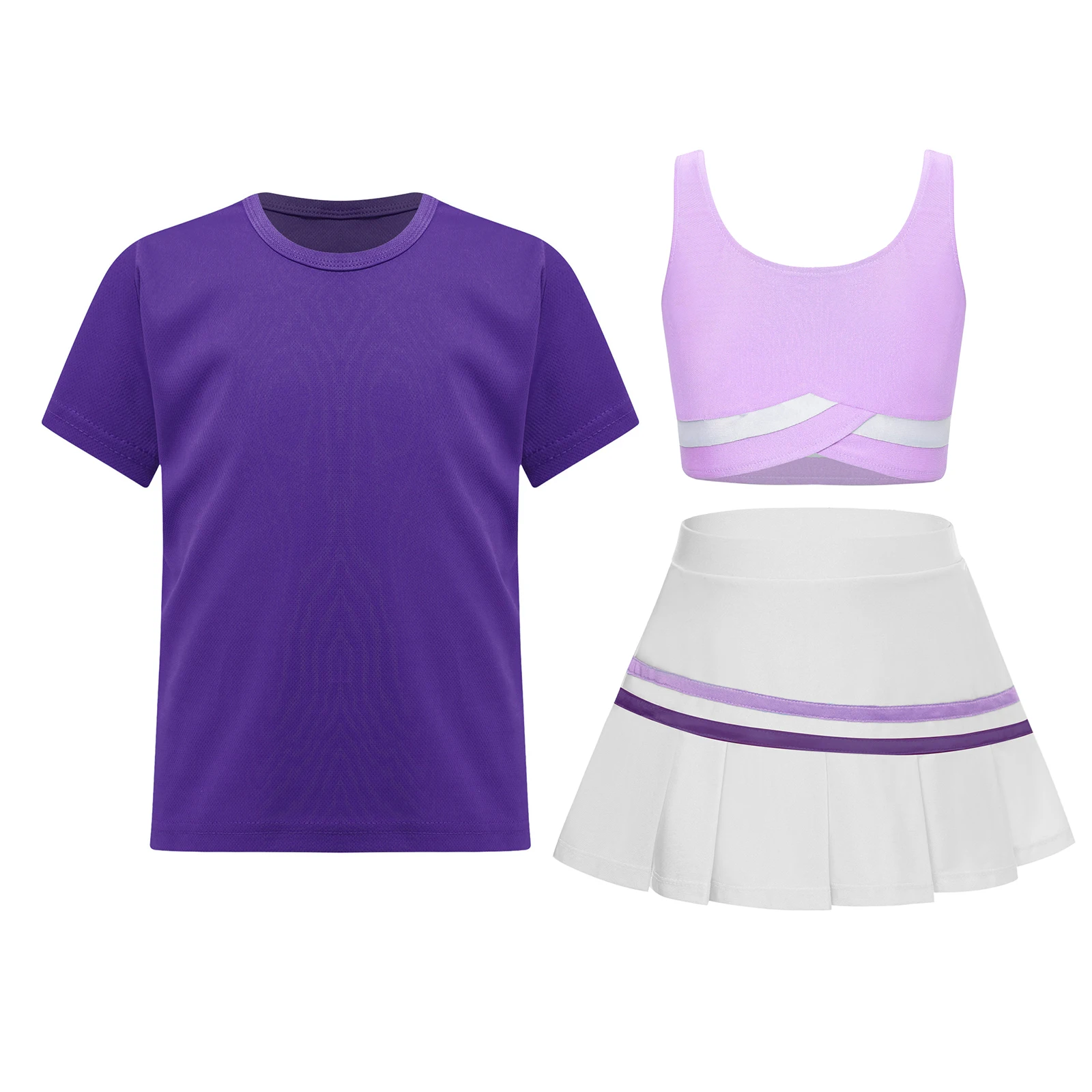 Kids Girls Sports Set Sleeveless Sports Vest Crop Tops+Pleated Skirt+Long Sleeve T-shirt Outfit for Tennis Golf Yoga Workout