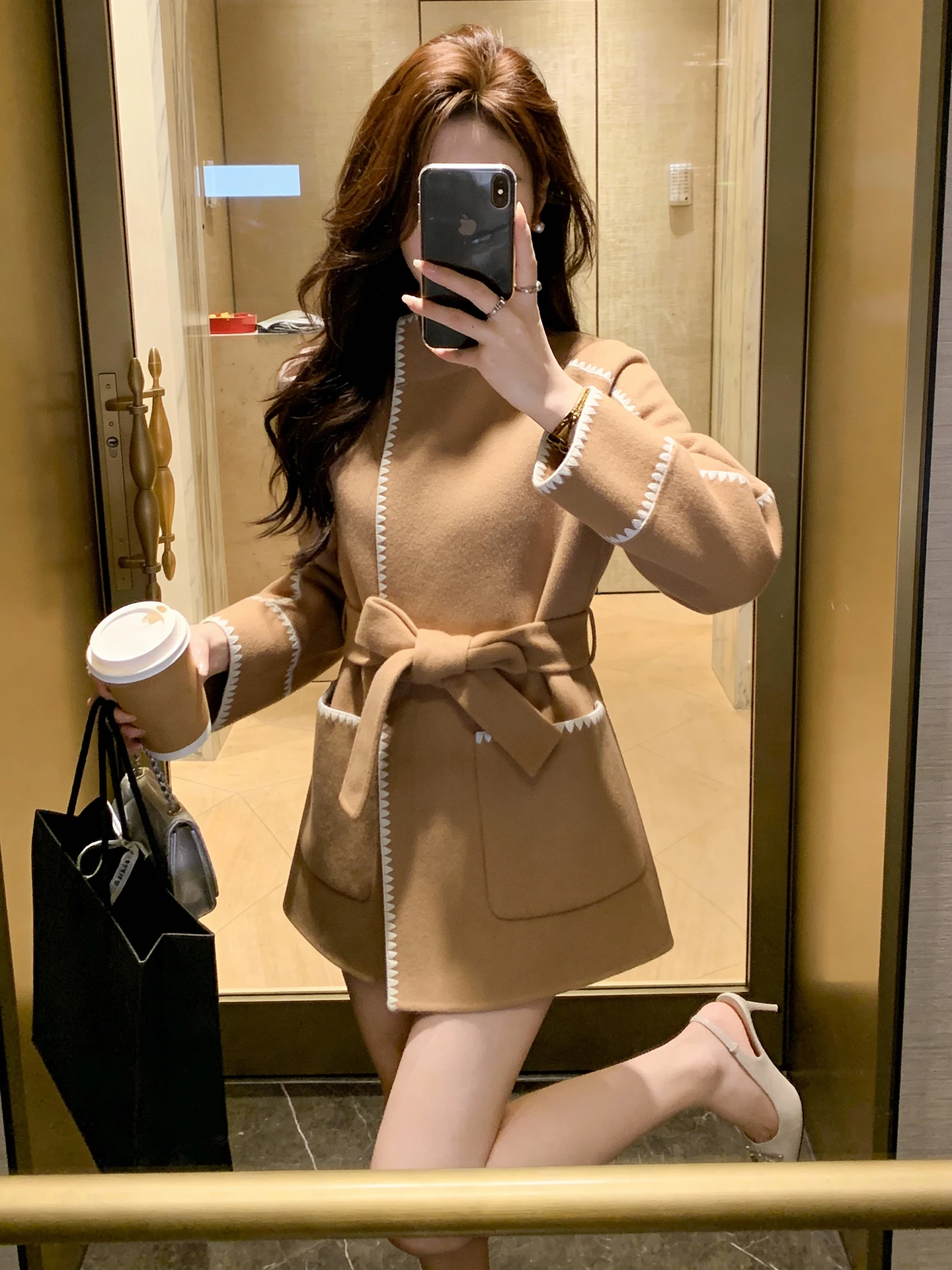 

Double-Sided Woolen Coat Women's Waist-Cinching Belted High-End Winter Outerwear M Home Nan You Commute Sle Long Sve