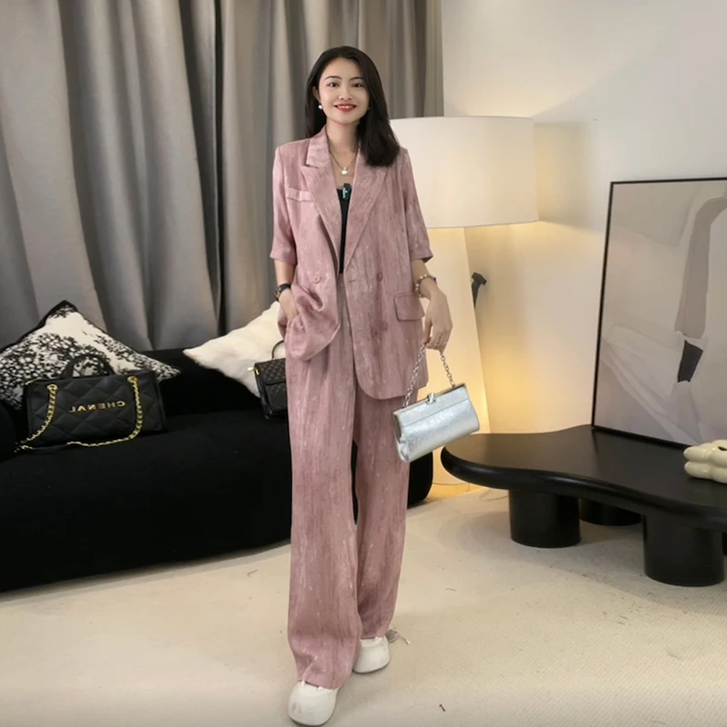 Women's Spring/Summer Retro Casual Texture Suit Coat Wide Leg Pants Set French Solid Color Loose Pleated Suit Pant Two Piece Set