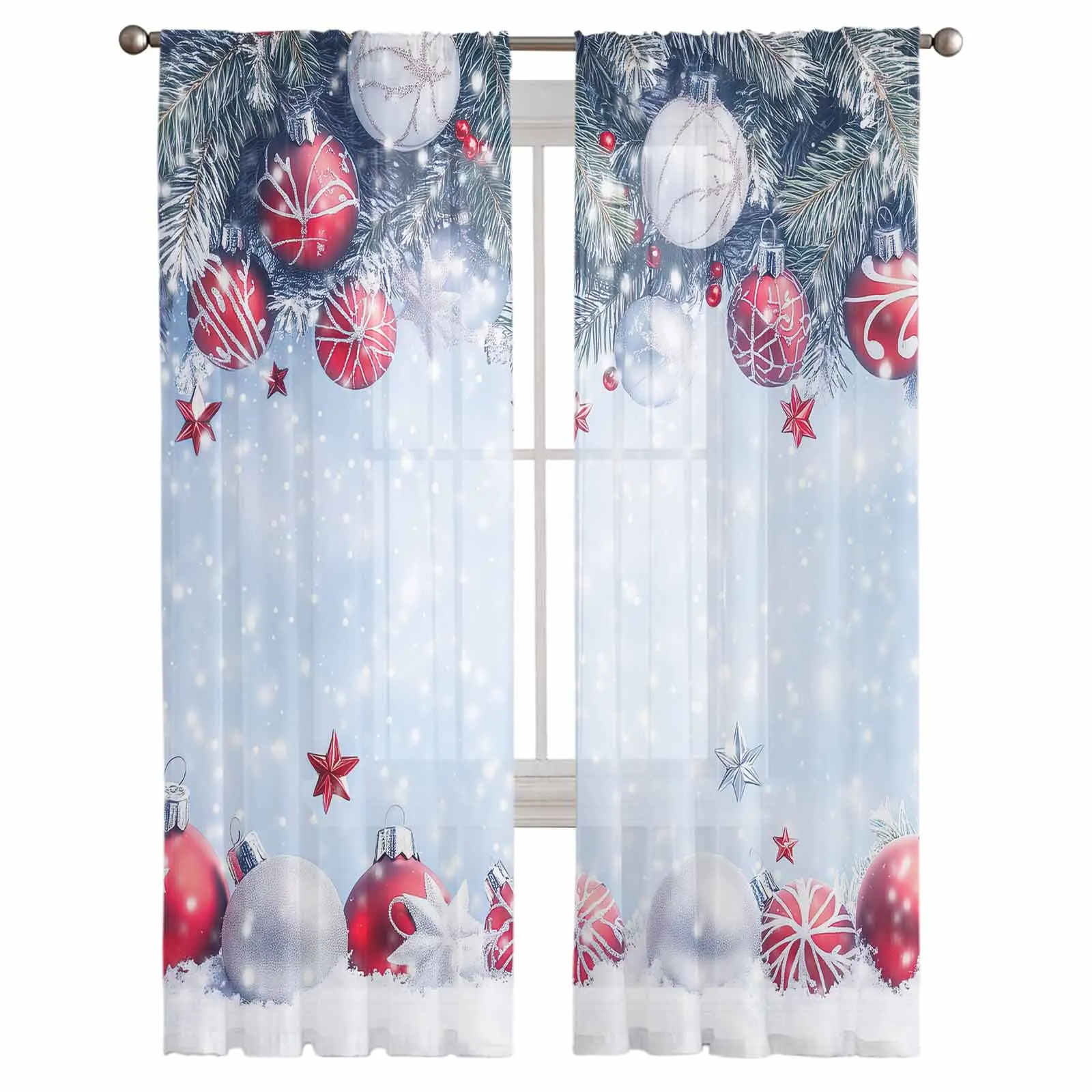 Christmas Snowball Bedroom Transparent Sheer Curtains Holiday Decoration Window Voile Tulle Curtain