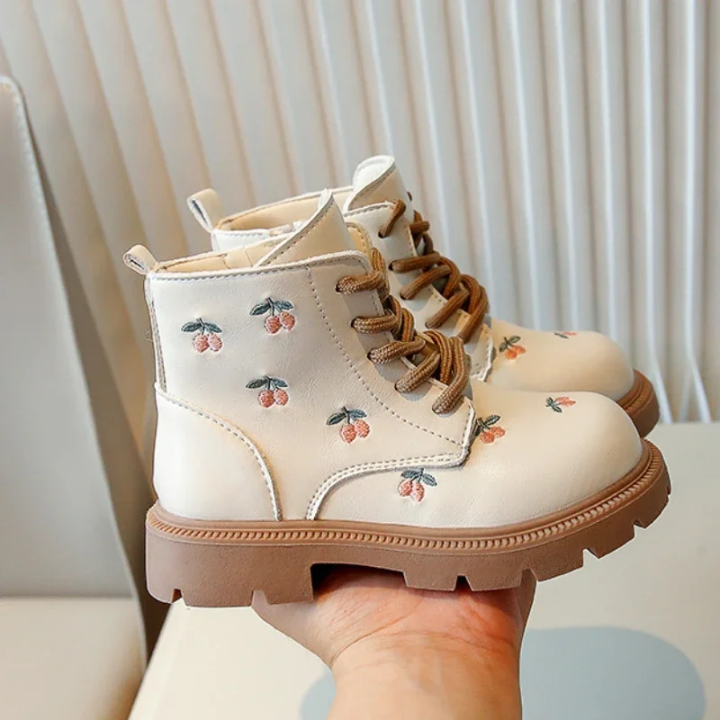 Children Fashion Boots Spring Autumn Sweet Girl Princess Embroidery Leather Boots Causal Versatile Kid Thick Soled Short Boot