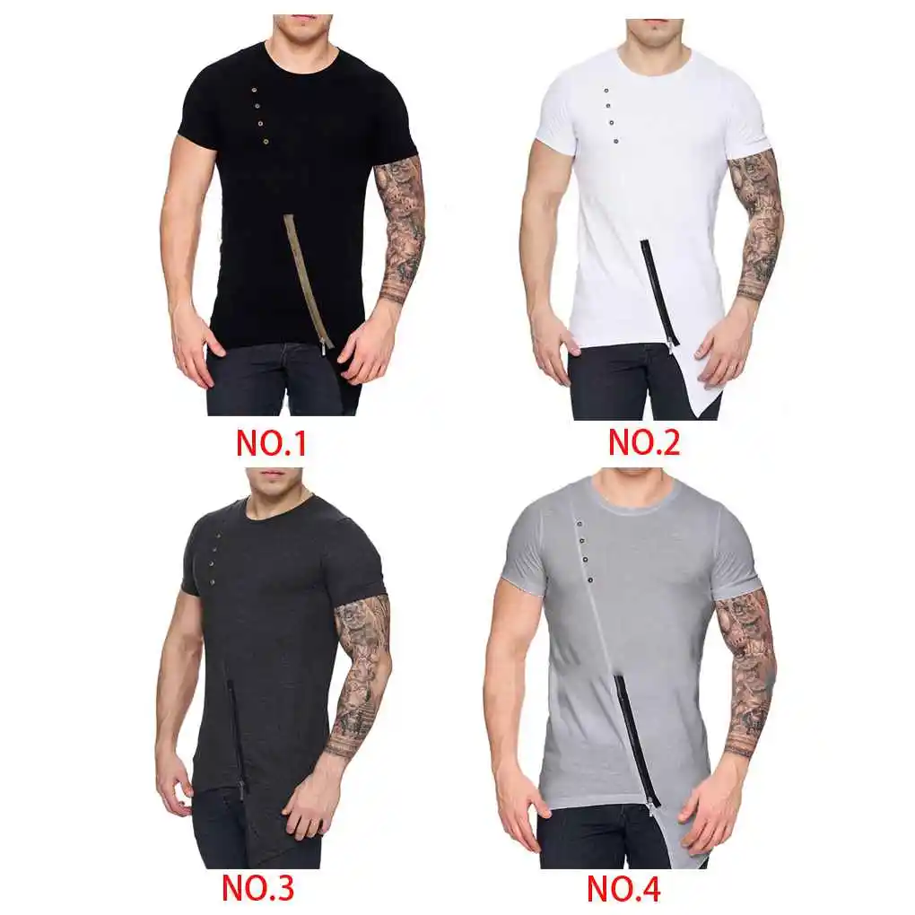 Irregular Lower Hem Men Summer T-shirts with Zipper Causal Round Neck Top Modal Short Sleeve Streetwear