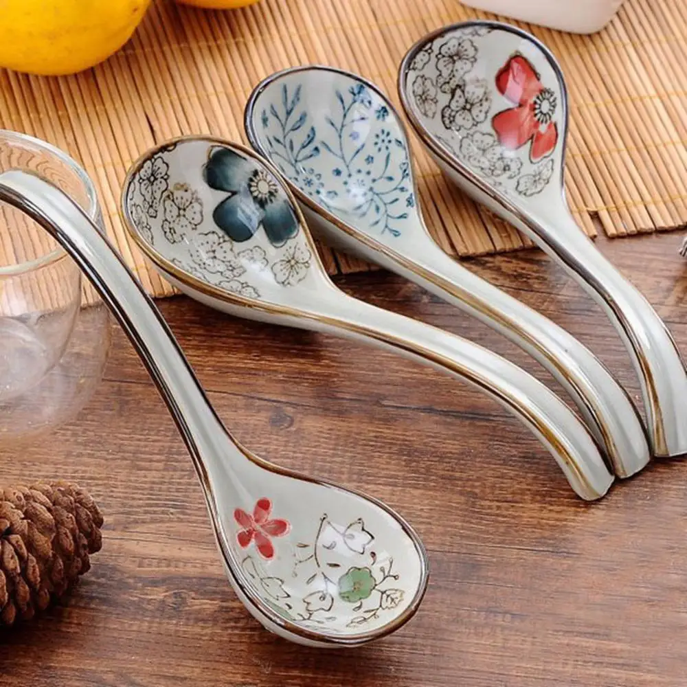 Japanese Style Ceramic Soup Spoons Vintage Hand Painted Floral Pattern Spoons Household Hotel Dinnerware Set Eco Friendly