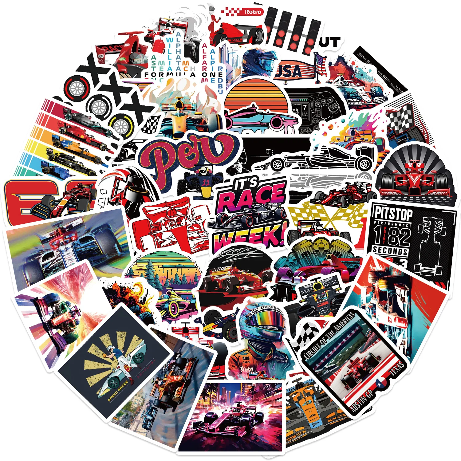 50pcs F1 Formula One Racing Stickers Funny Cartoon Graffiti Decals Laptop Luggage Skateboard Motorcycle Bicycle Helmet Sticker