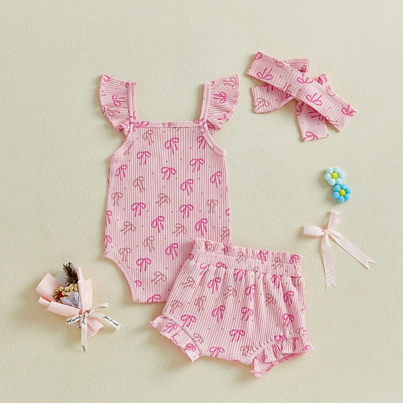 Set pagliaccetto floreale per bambina con maniche svolazzanti, elastico in vita, pantaloncini con volant e fascia abbinata - Estate 3 pezzi