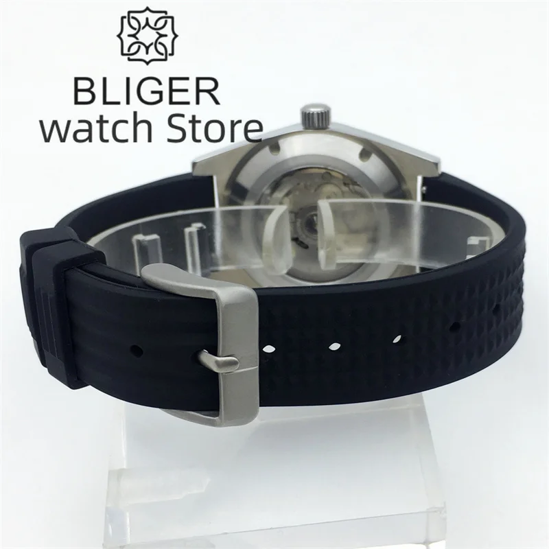 38mm BLIGER Brushed Case NH35A PT5000 Automatic Watch For Men Sapphire Glass Black White Blue Green Dial Luminous Rubber Strap