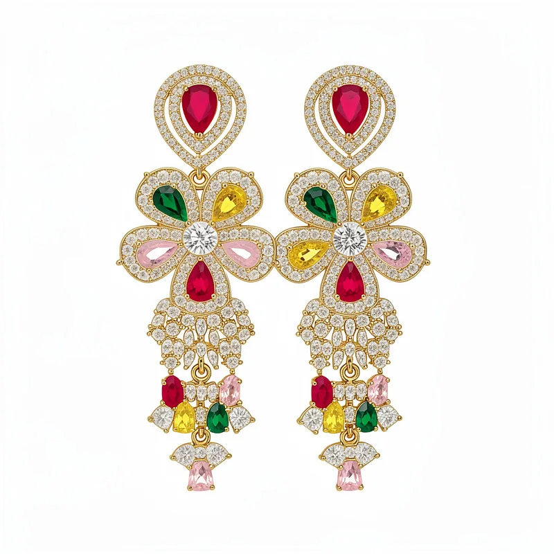 

Retro Exaggerated Rainbow Gem Bow Flower Tassel Stud Earrings 18K Gold Plated Full Zircon Luxury Elegant Party Wedding Daily Jew