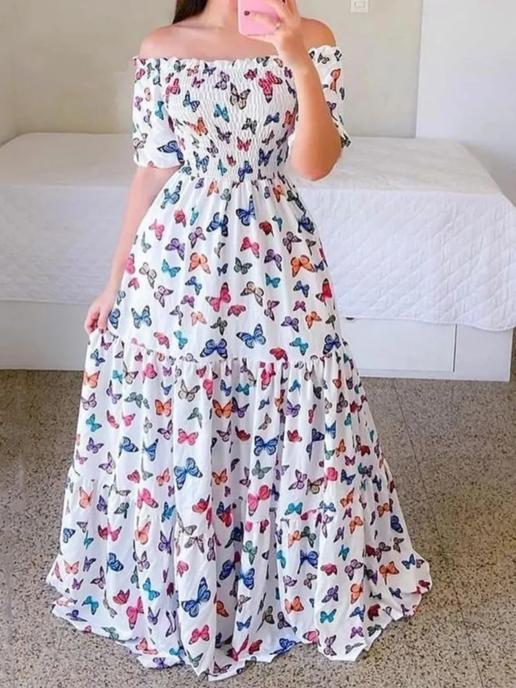 

Spring And Summer One-shoulder Floral Fashion Off-the-shoulder Long Dress Women's Elegant High-waisted Printed Dresses