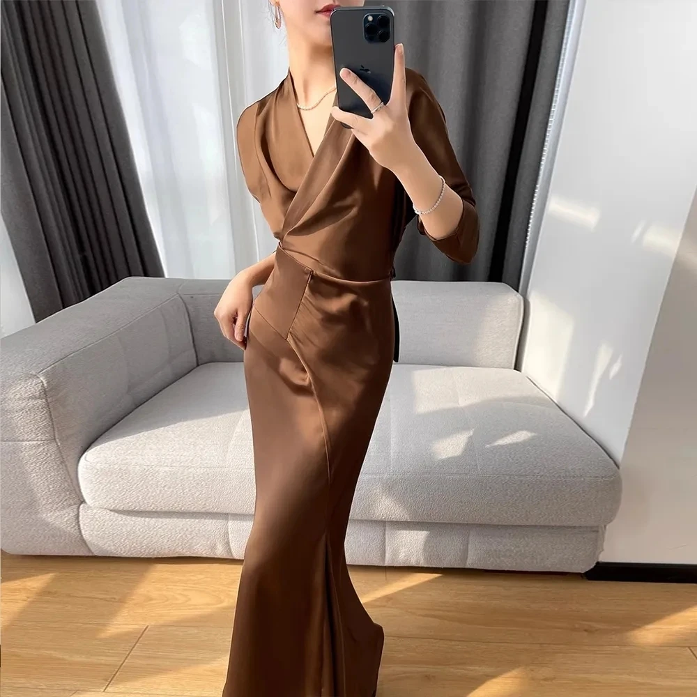 Coffee Color Fishtail Long Dress For Women Autumn French Deep V-neck Elegant Satin Dress Office Ladies Temperament Vestidos Robe