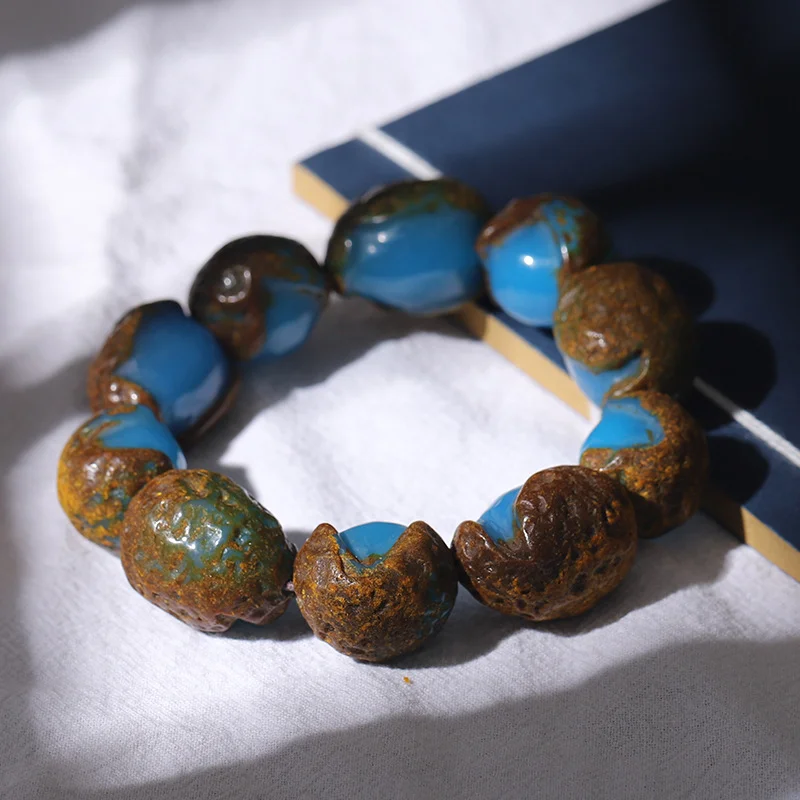 Blue Pepper with Leather Amber Raw Stone Honey Wax Bracelet Handwear for Men and Women