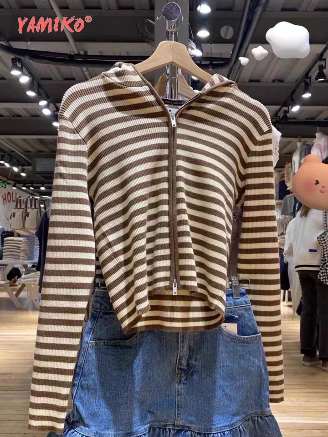 Two-Way Zip Striped Knitted Sweater Women Autumn Cotton Casual Slim Long Sleeve Tops Girls Trending Y2K Pullovers Sweaters 2024