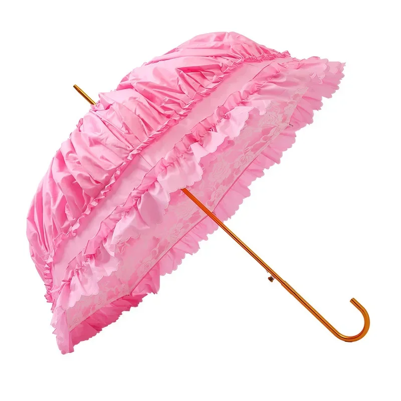 Double-layer straight umbrella skirt edge   automatic bridal   parasol Lolita lace princess