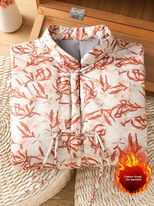 Rompi Katun Cetak Gaya Retro Cina Ukuran Besar Pakaian Wanita Kancing Kerah Tegak Jaket Musim Dingin