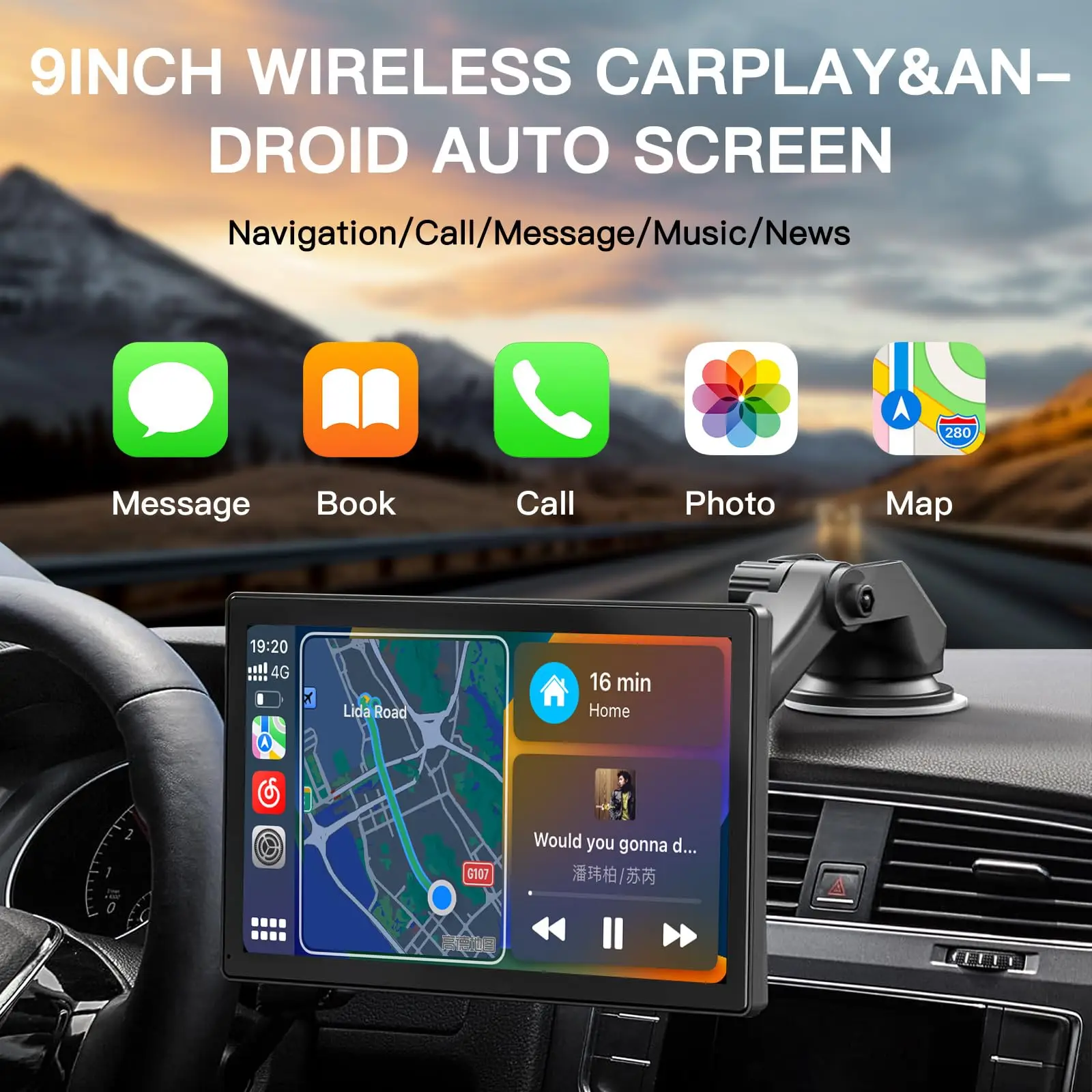 CARABC 9 Inch Carplay Screen Apple Wireless And Android Auto Car Touch Screen Display Rear Camera MP5 Radio Video Car Player