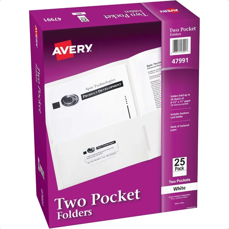 

Two Pocket Folders Holds up to 40 Sheets Busin Card Slot 25 White Folders 47991