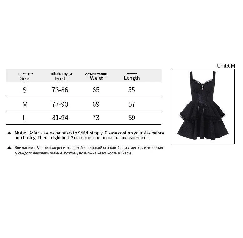 Women's Gothic Dark Style Halter Mini Dress Double Hem Muscle Fabric Lace Border Cross Pendant Detail Cyber Punk Partywear Black