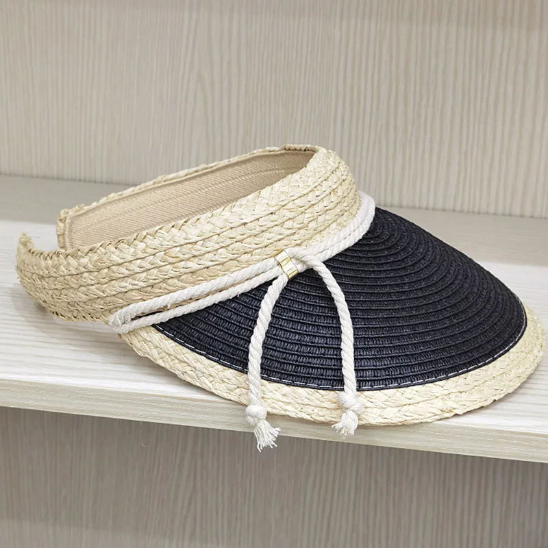 6 Color Straw Visor Hat Cord Band Sun Cap Sunshiny Holiday Beach Cap Women Girl Two Tones Patchwork Summer Cap Free Size