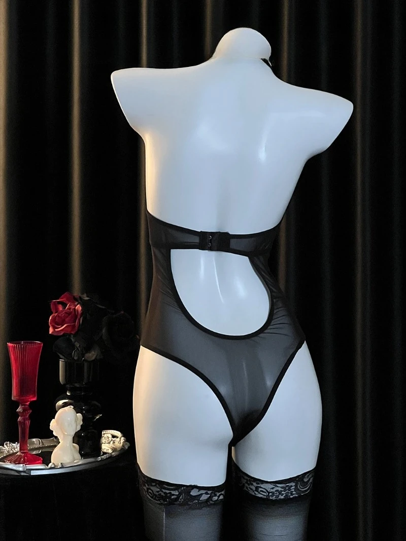 Einteiliges Kleid im DJ-Nachtclub-Stil, Spitzen-Mesh-Ausschnitt-Design für Damen, rückenfreie, übergroße Unterwäsche, sexy und lustiges Nachtclub-Outfit
