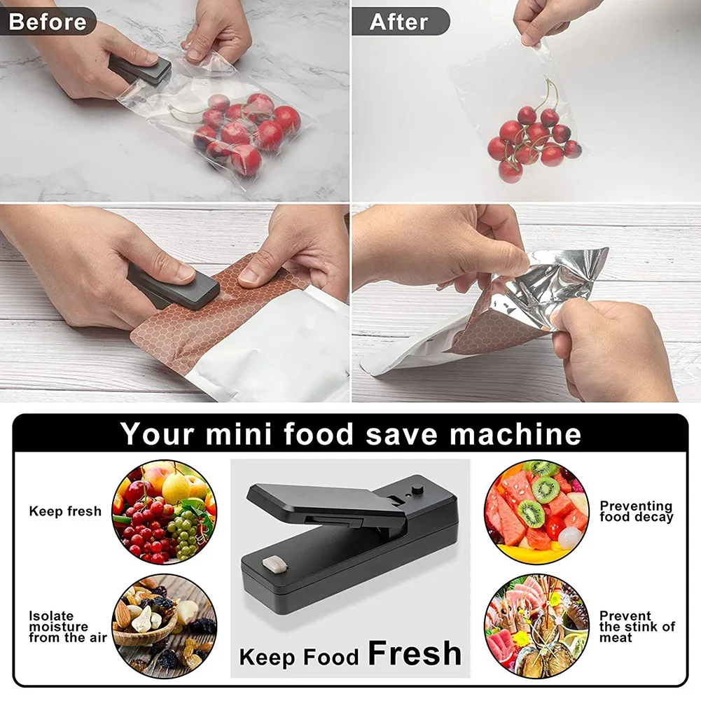 Seladores e cortador de calor a vácuo portáteis, mini saco Sealer-2 in 1, portátil, recarregável, preto, saco de plástico, armazenamento de alimentos, 1pc