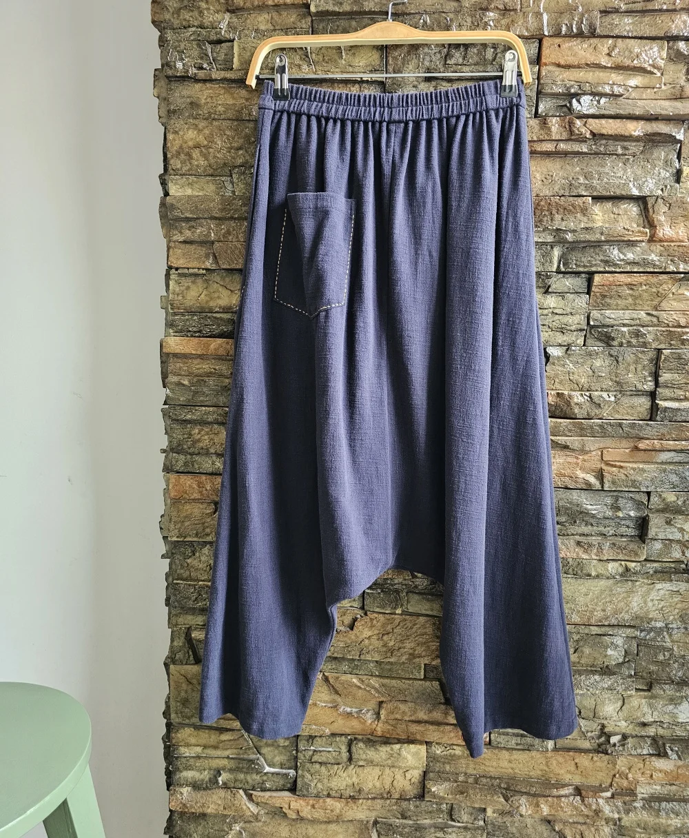 Vintage Cross-pants Blue cotton line loose casual pants plus-size elastic waist  trouser fashion Women's clothing