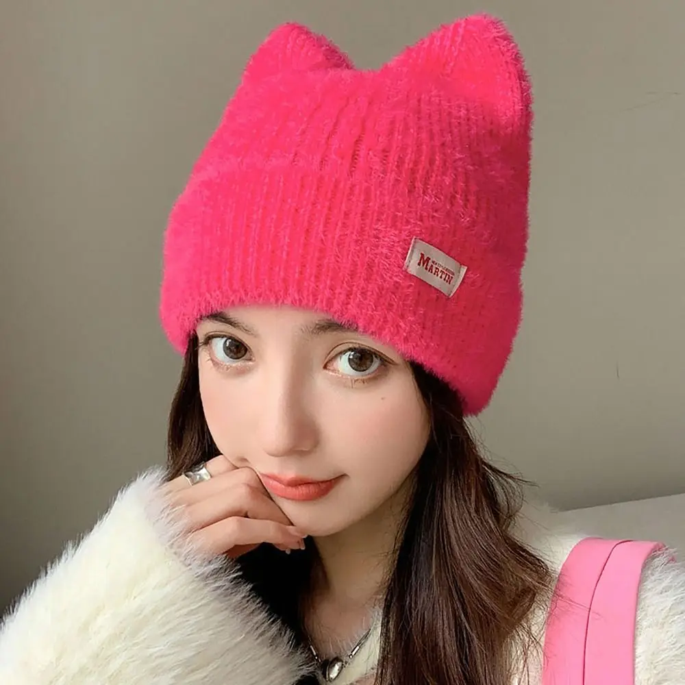 Cat Ear Earflap Women Knitted Hat Cute Candy Color Faux Fur Pullover Cap Kpop Style Winter Hat Women Girls