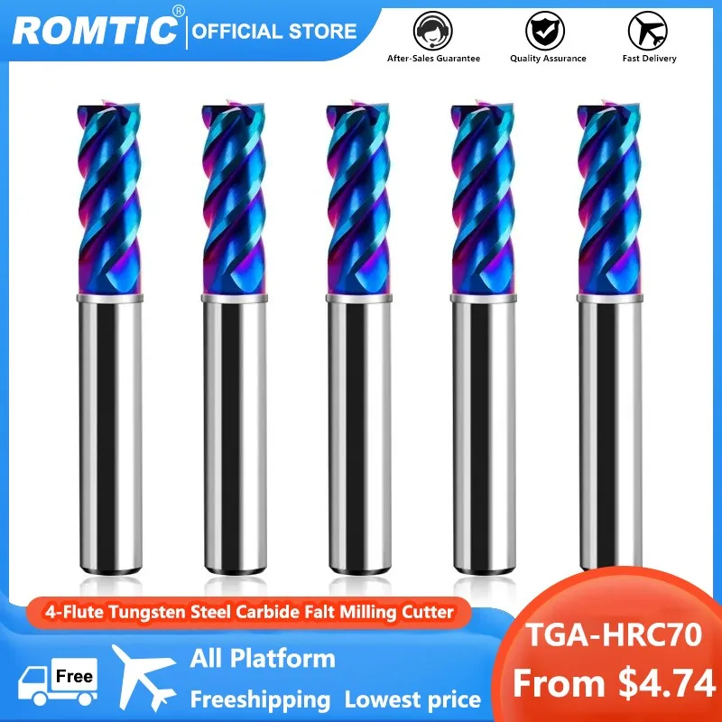 ROMTIC 4-Flute Tungsten Steel Carbide Falt Milling Cutter Blue Nano Coating CNC Mechanical Center End Mill Tools TGA-HRC70