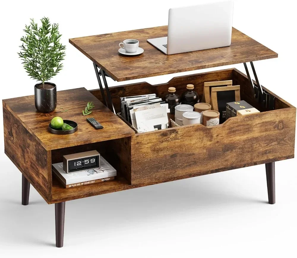 

v Modern Lift Top Coffee Table Wooden Furniture with Storage Shelf and Hidden Compartment for Living Room Office