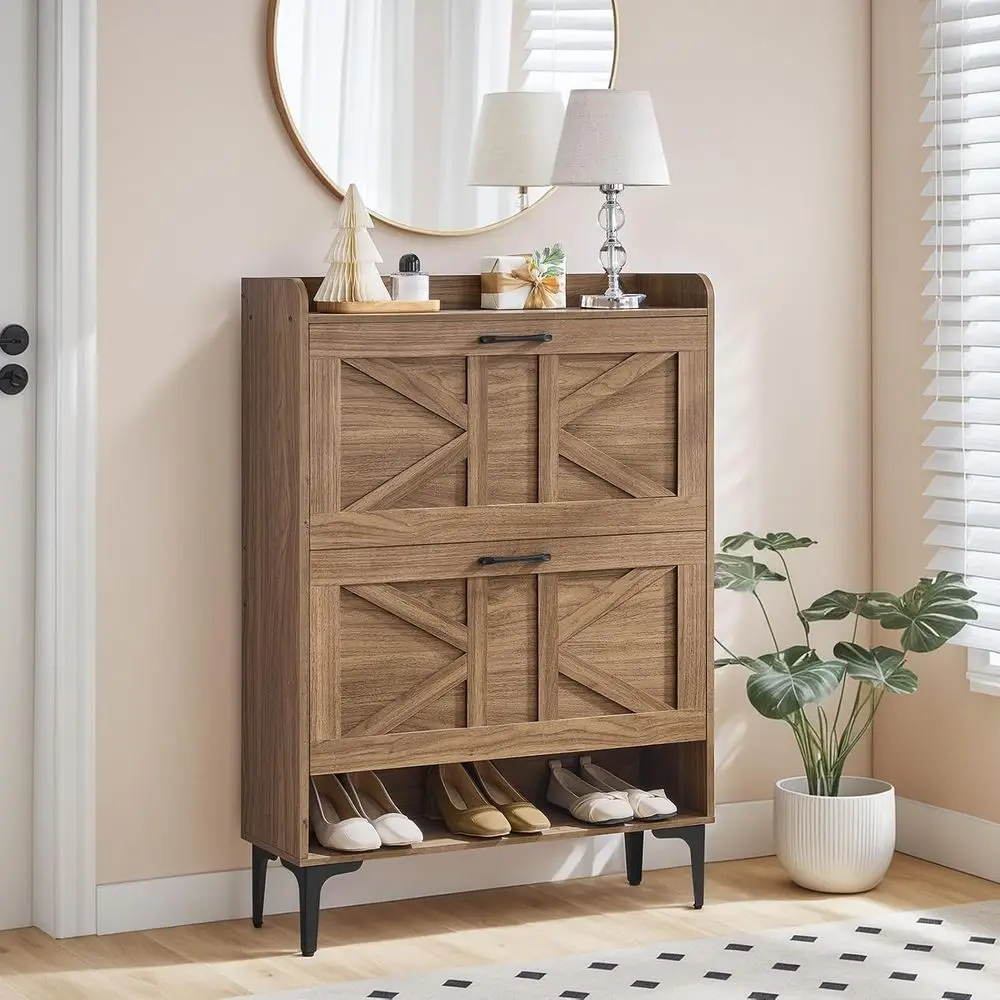 منظم أحذية الجوز قائم بذاته مع درجين ورفوف مفتوحة لتخزين المدخل