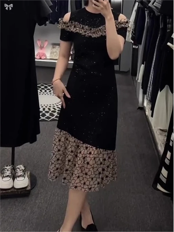 

Модное черное платье большого размера с вырезами и вставками, тонкое, элегантное, для весны и лета, новинка, премиум-класса.