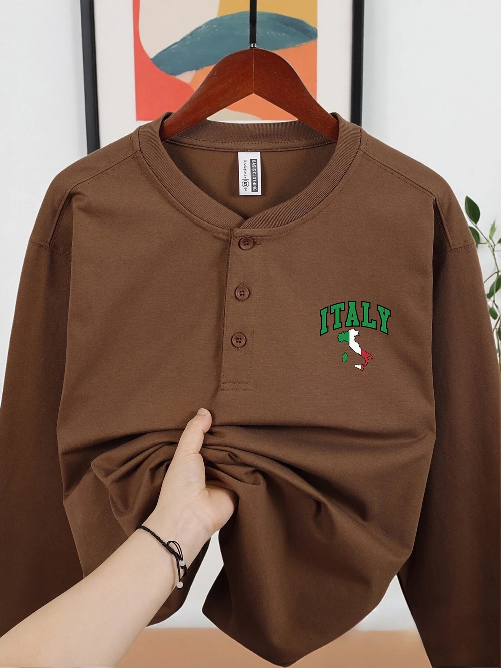 إيطاليا إلكتروني وعلم الطباعة القطن هينلي قميص الرجال الشتاء طويلة الأكمام قميص تنفس فضفاض قمم الملابس الدافئة الأساسية