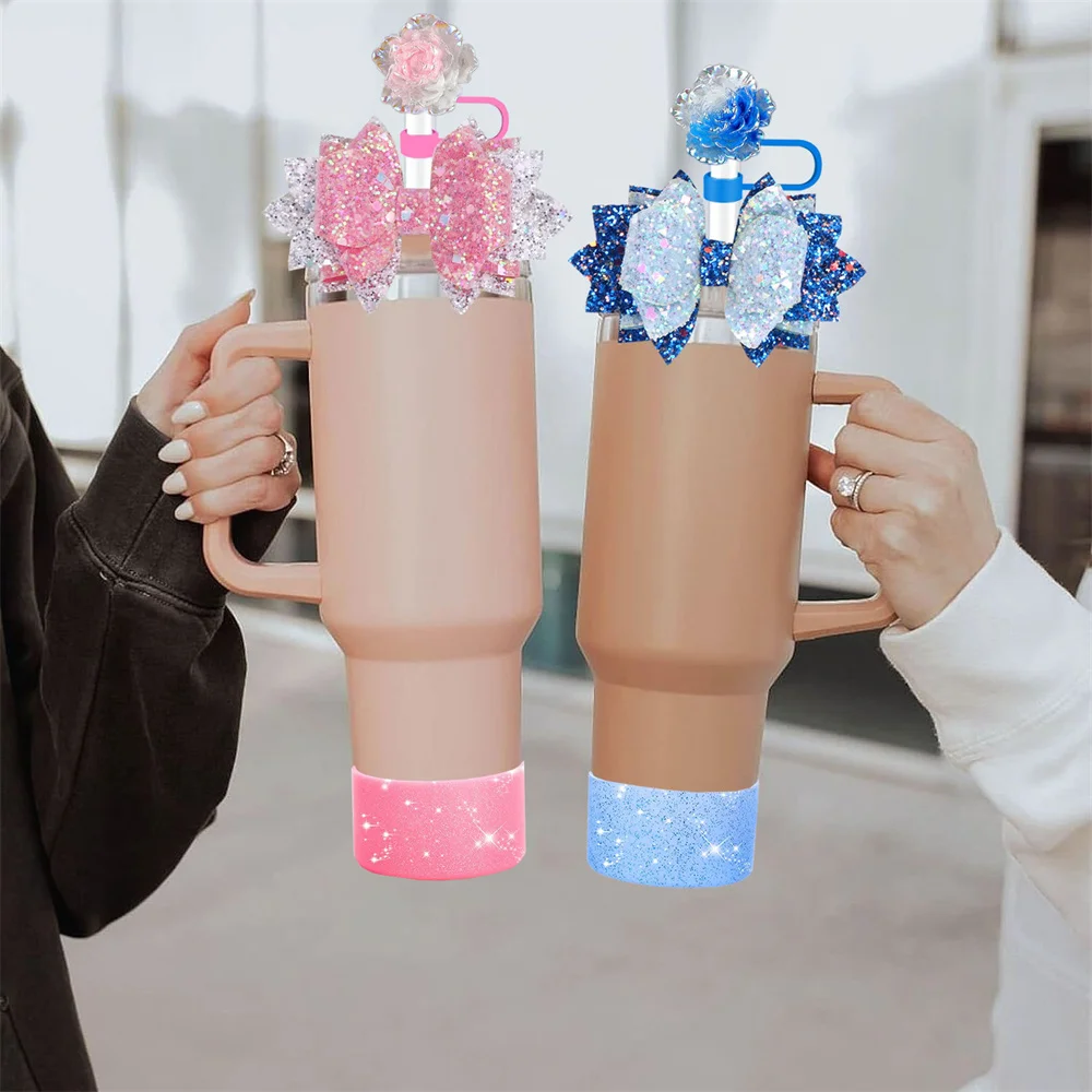 Glittering Rose Straw Topper Tumbler Cap Cup Decor Decoration for 30oz 40oz Tumbler Glitter Cloth Bow Water Cups Decor Pendant