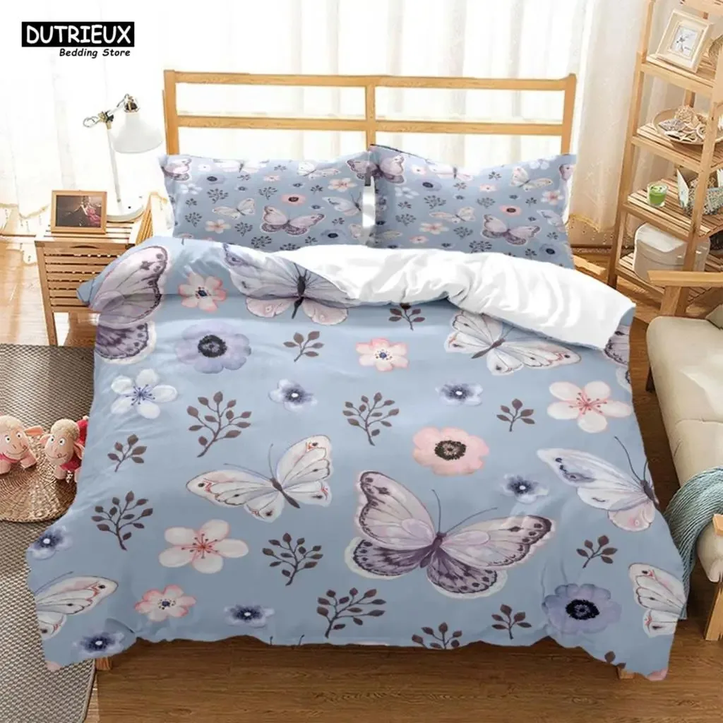 Butterfly Print Digital Print Polyester Bedding Sets,Girl's Cover, Queen cover&2pcs Pillowcase,Boys Bed Linen Set For Teens