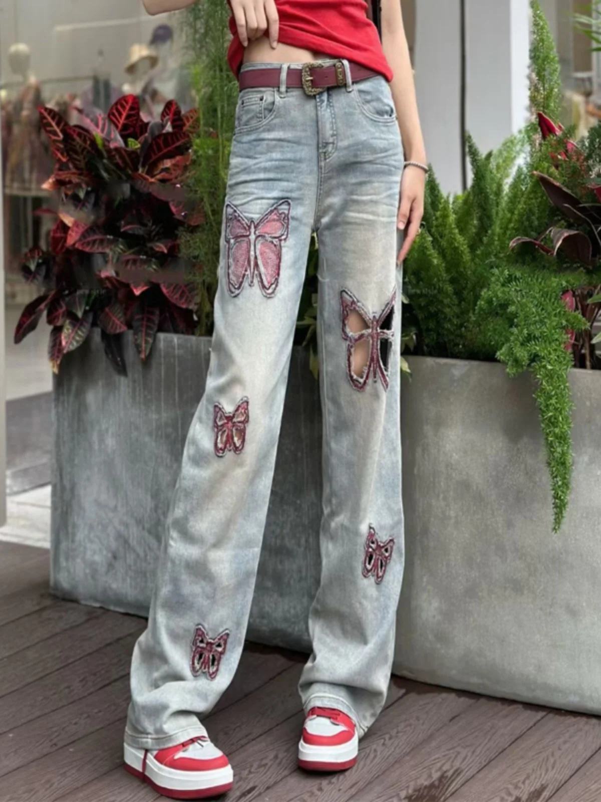 

High Waist Loose Straight Leg Jeans Women's Embroidered Rhinestone Personalized Wide Leg Floor Length Denim Trousers