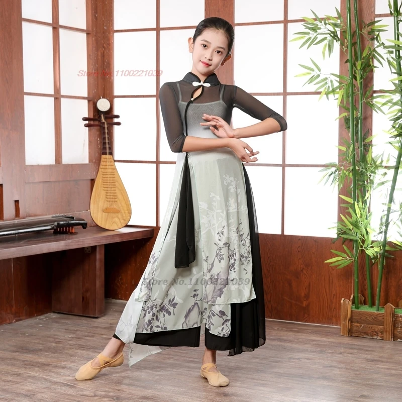 2025 中国ヴィンテージ子供ダンス衣装国家フラワープリントメッシュ袍トップス + パンツセット伝統的なステージパフォーマンスドレス