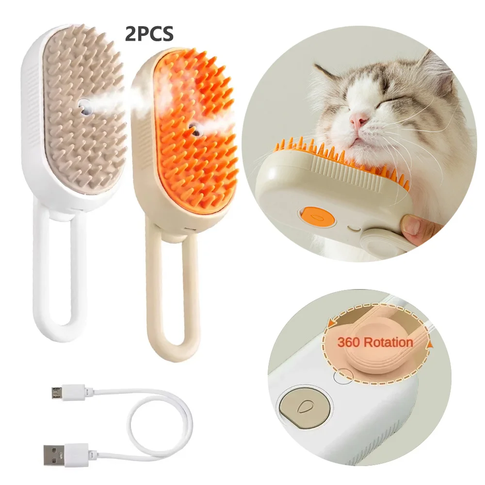 2 uds cepillo de vapor para mascotas 3 en 1, peine para mascotas, cepillo de vapor de agua para gatos, dispositivo de masaje, pulverizador eléctrico, herramientas de baño para quitar perros y mascotas