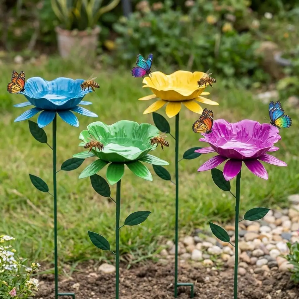 Flower Shape Metal Garden Birdbath Handcrafted Rust Resistant Bee Watering Station Wavy Curved Petal Weather Resistant