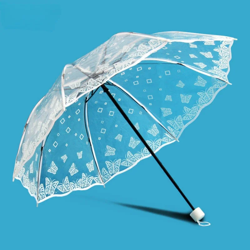 Umbrella Transparent Umbrella Fully Automatic White Printing Series Transparent Trifold Umbrella Clear Umbrella