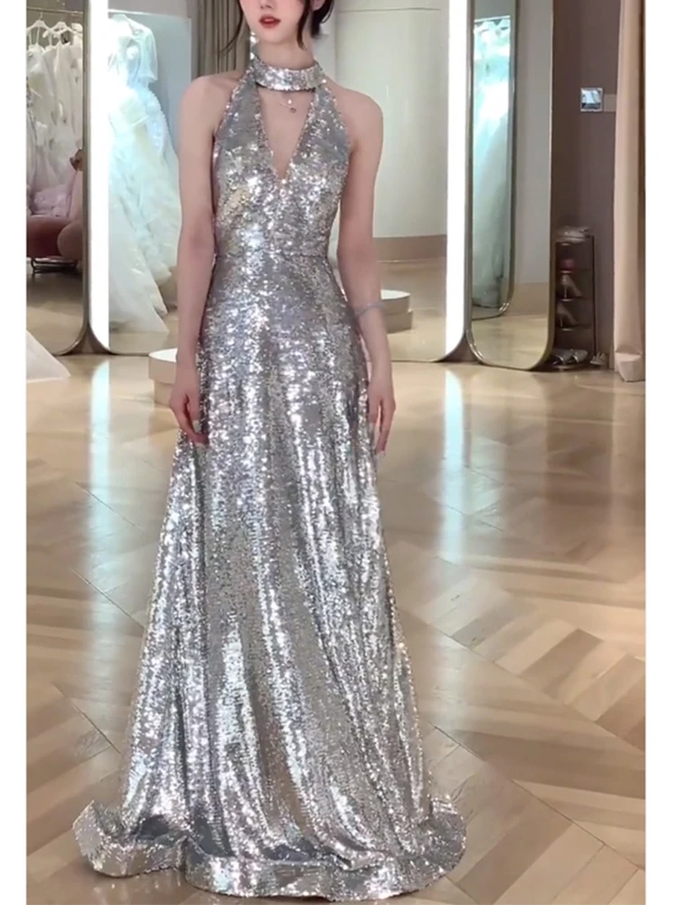 

Ele Long Silver Sequin Bal Wedding Dr for Women Heavy Embroidery Engagement Par Dr Luxury Evening Gown