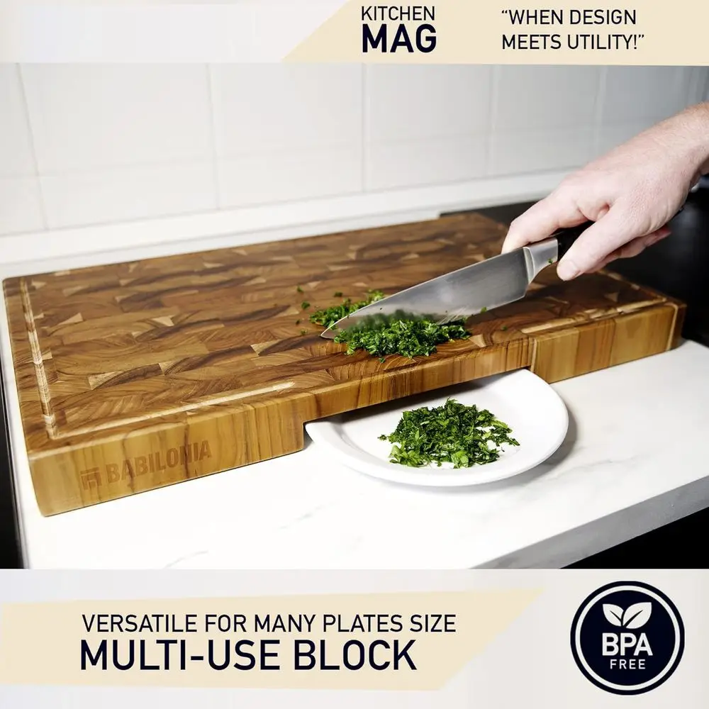 كتلة جزار كبيرة من خشب الساج السميك 1.7 |   لوح تقطيع الحبوب الفاخر بمقبض وزيت ولوحة |   19.7 لتر × 12.2 وات