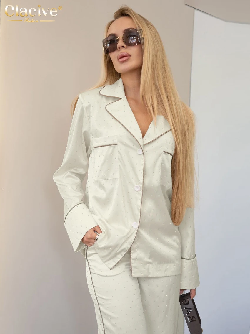 

Clacive Fashion Loose Print Home Trousers Set 2 Piece Woman 2025 Elegant Long Sleeve Shirt With High Waist Wide Pants Set Female