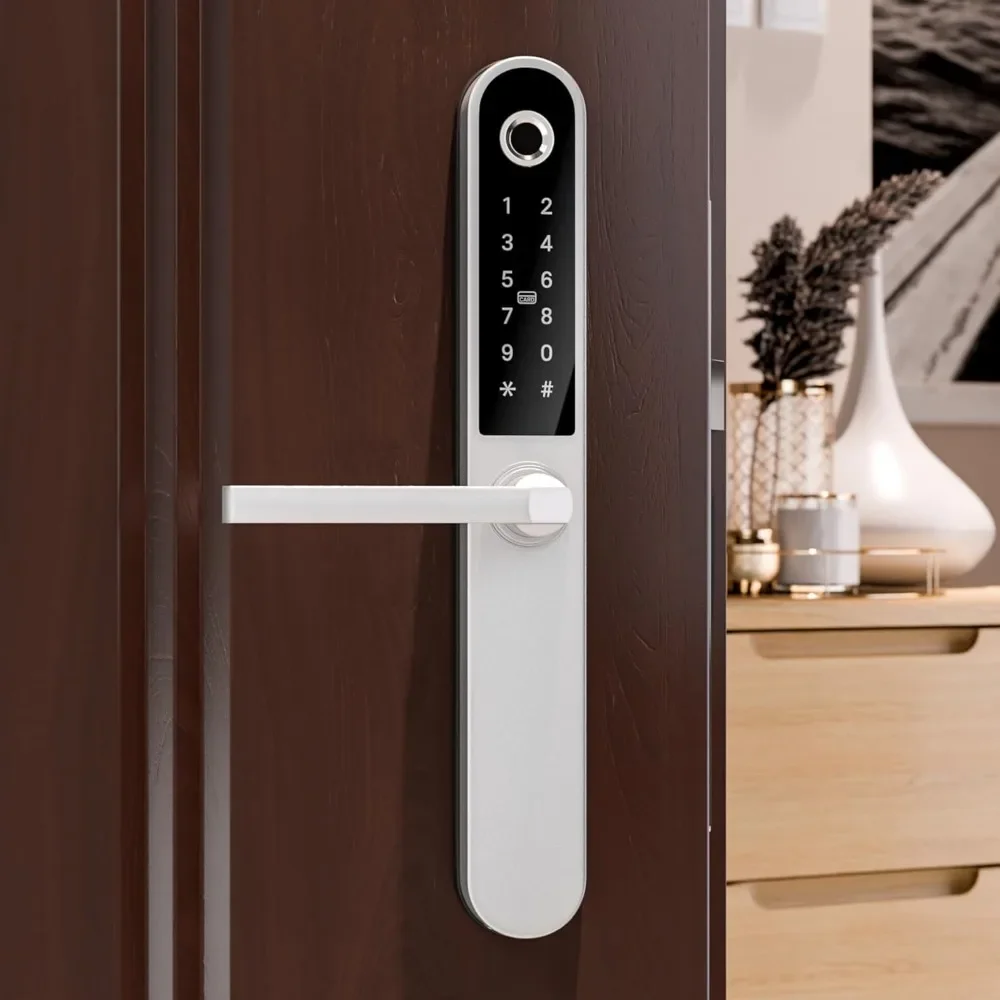 Keyless Door Handle for Home Security, Finger Print, Key Card, Keypad, App Control, Remote Lock/Unlock (Satin Silver)