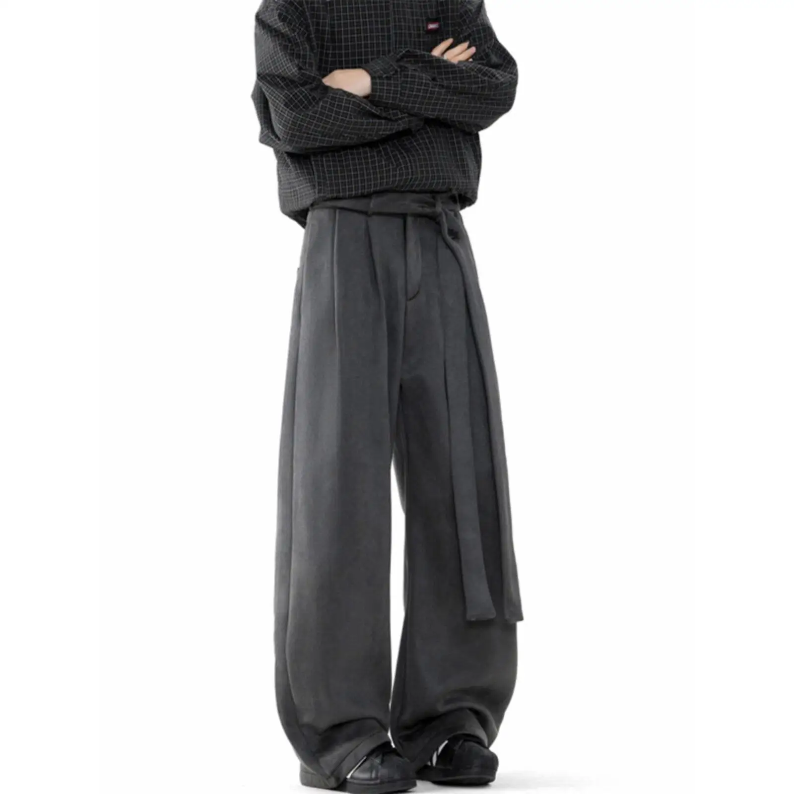 

Deep ey Suede Satin Pants Men's Autumn Winter Thiened Wool Wide Leg Knife Folded Cuff Casual Trousers