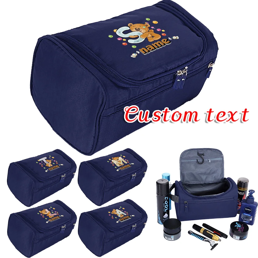 Personalized Customization Name Blue Toiletry Bag Portable Toiletry Bag High-quality Hanging Toiletry Bag Cartoon Bear Pattern