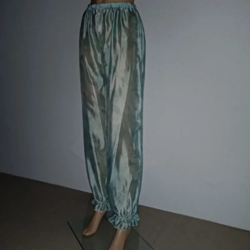 Sexy Men's Glossy Pants Silk Soft Printed Thin Trousers Women's Breathable Comfortable Transparent Ruffled Lantern Pajamas Pants