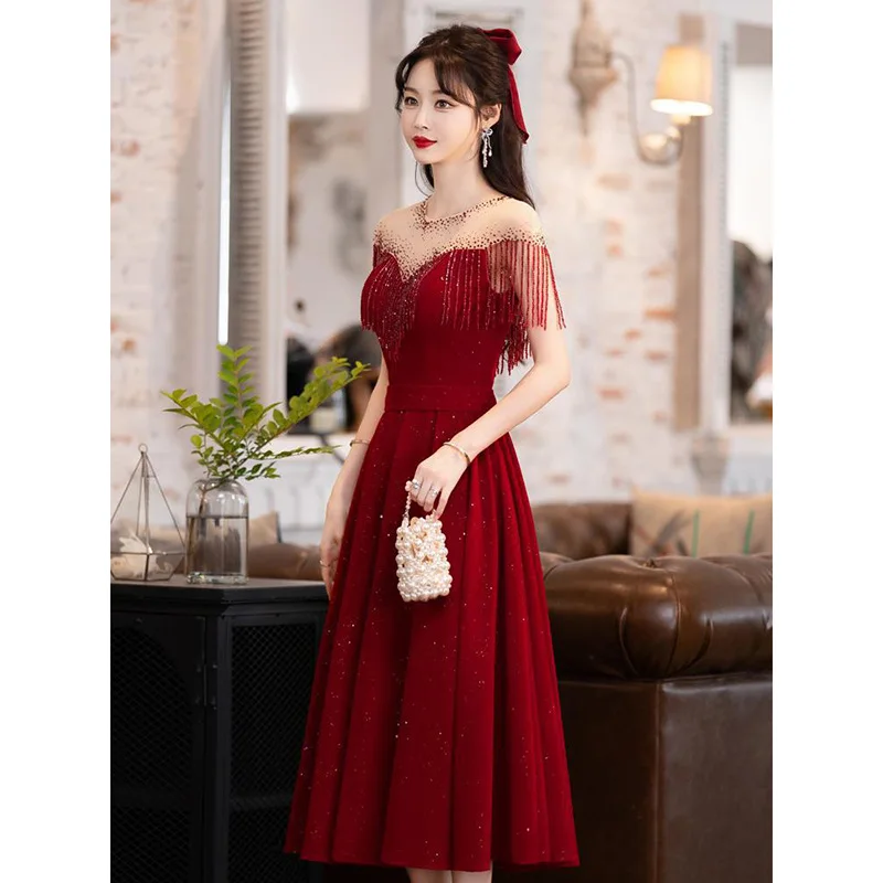 

Beading Tassel Women Evening Dresses Burgundy Patchwork A-Line Prom Party Dress 2025 New Plus Size Elegant Ball Gowns