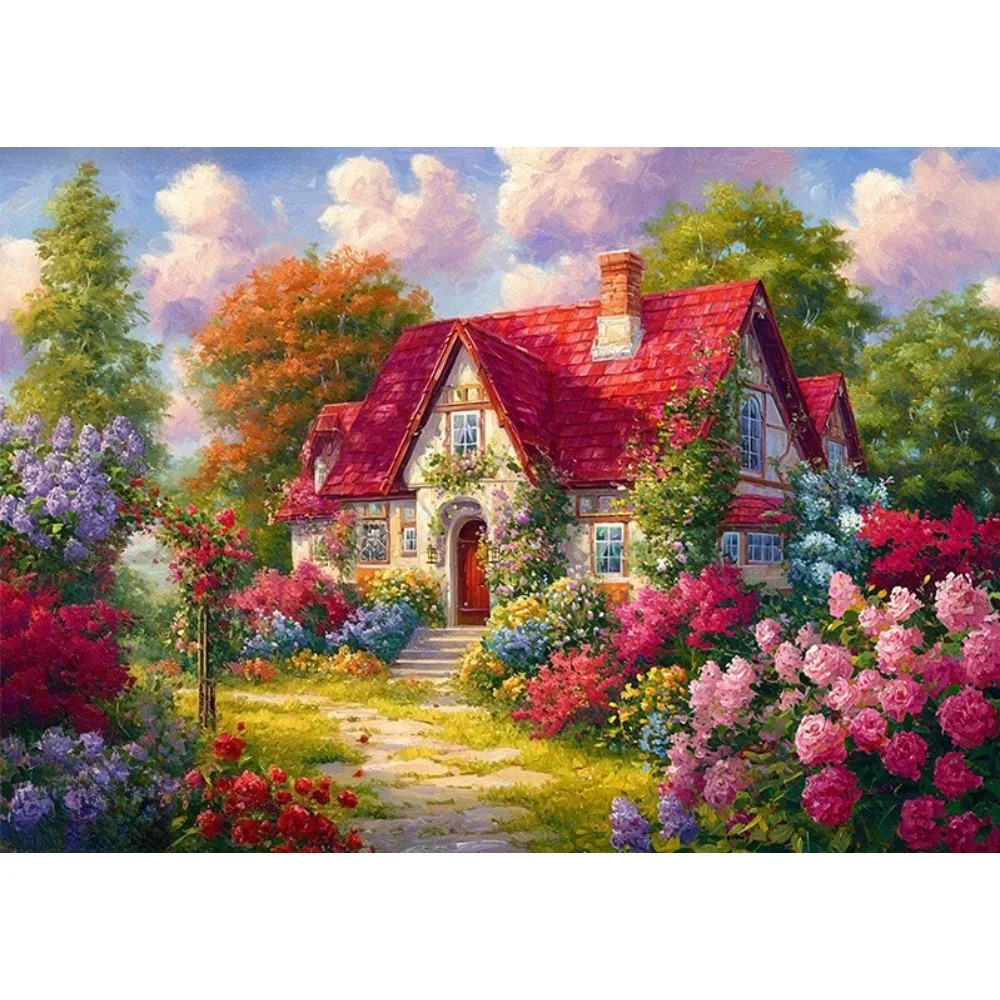 

500/1000/1200/2000PCS Puzzles for Adult Afternoon A Red House Full of Flowers Jigsaw As A Holiday Gift Unframed Home Decoration