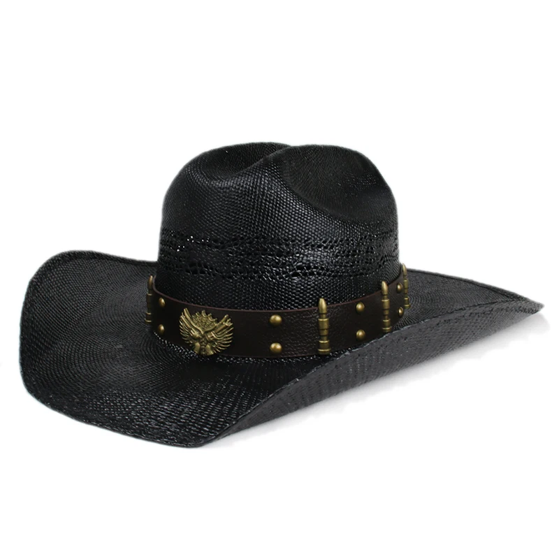 Unisex Two Guns Hollow-out Yellowstone Hard Straw Beach American Western Wide Brim Cowboy & Cowgirl Sun Hat Pinch Front 55-61cm