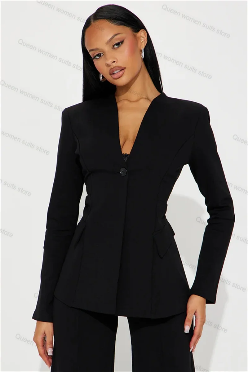 Black Cotton Women Suit Pants Set 2 Piece Blazer+Trouser Formal Office Coat Customized Wedding Tuxedos Prom Dress Jacket